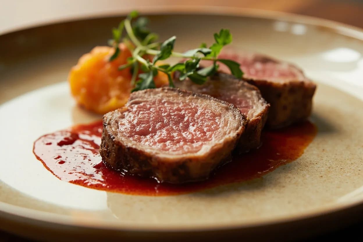 Duck Breast: Medium-Rare (Rosé) Target in practice — Magret de canard (French pan-seared duck breast with cherry or orange sauce). Duck breast cookery almost universally begins with scoring the fat cap in a crosshatch pattern — cuts through the fat only, not into the muscle — and placing the breast fat-side-down in a cold pan brought slowly to medium heat.