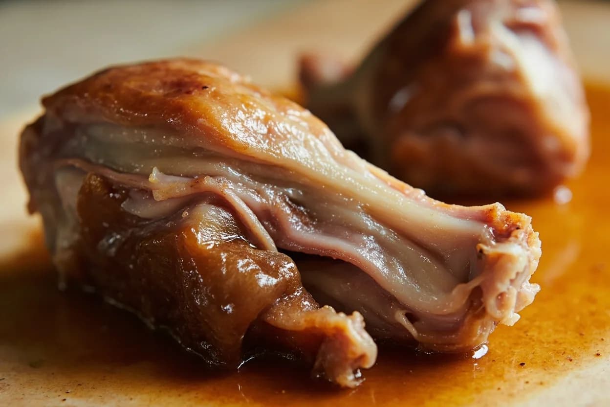 Duck Confit Internal Temperature at 75–80°C fat bath (167–176°F); duck internal temp follows. At 70°C and above, collagen triple helices destabilize and hydrolyze to gelatin, which dissolves into the surrounding fat and cooking juices, lubricating the meat. Visual cues: The fat should show only gentle, intermittent surface tremors — never a rolling boil; a few lazy bubbles of steam or air at the surface indicate correct temperature, Duck legs should look opaque and pale throughout, with the drumstick skin beginning to pull back from the bone tip, The meat should feel completely yielding when pressed with tongs — no spring-back, no resistance.