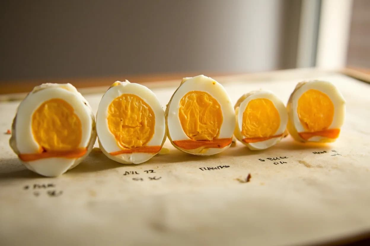 Egg: Soft-Poached vs. Hard-Poached in context — the stages just below and above, side-by-side. Poaching suspends a shelled egg in water held just below a simmer (roughly 82–90°C / 180–194°F at the water surface), so the egg cooks by gentle convection rather than direct contact. Target reference Soft-poached yolk: 63–65°C (145–149°F); hard-poached yolk: 77°C+ (170°F+).