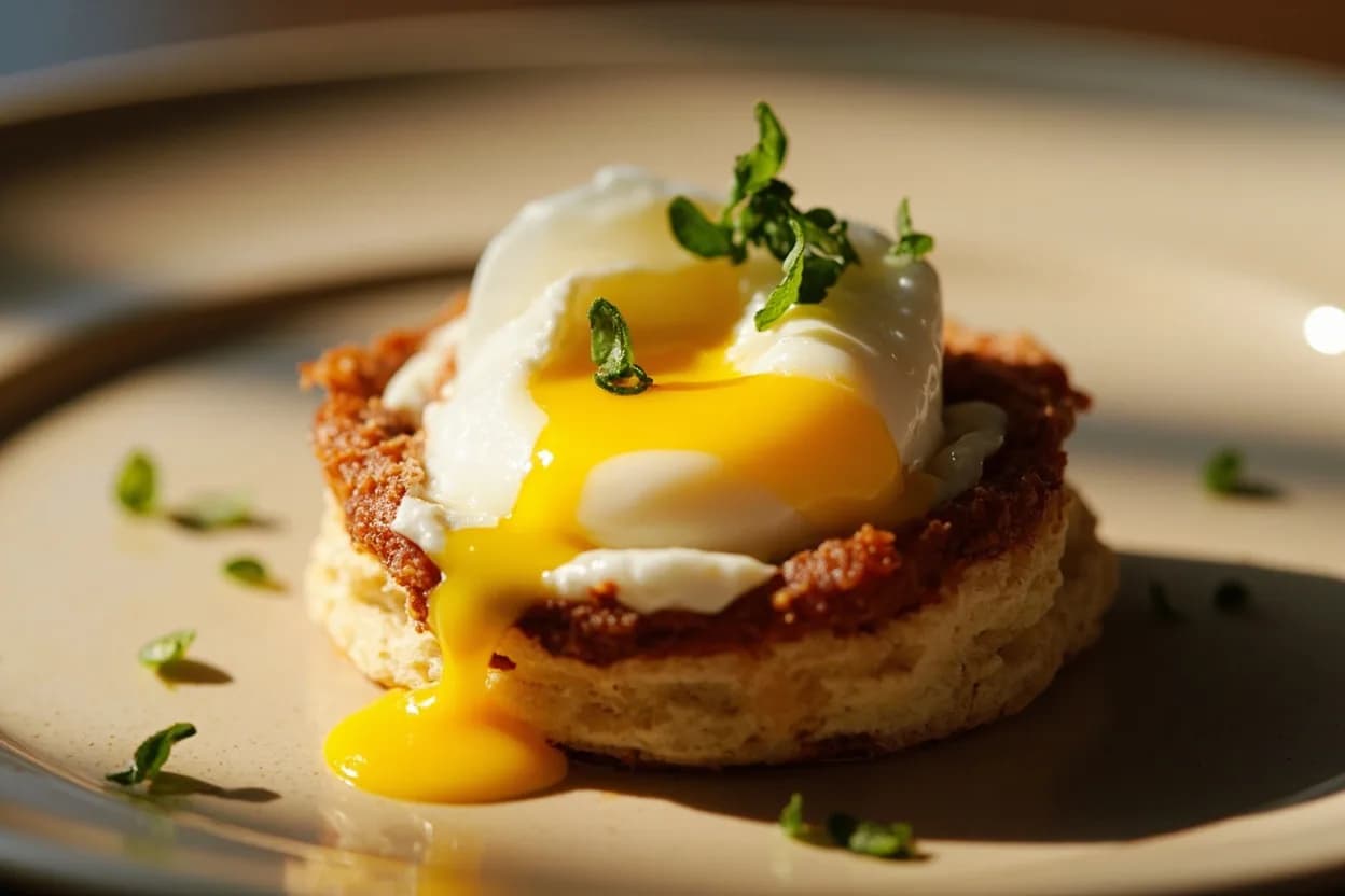 Egg: Soft-Poached vs. Hard-Poached in practice — Eggs Benedict. Adding a splash of white vinegar to the poaching water lowers the pH, accelerating white protein coagulation so the white wraps tightly around the yolk rather than spreading into feathery wisps.