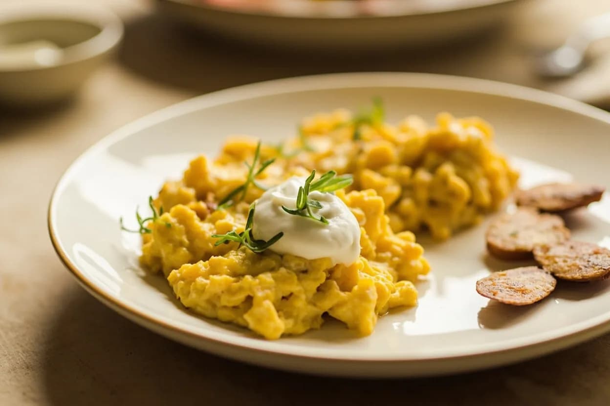 Egg: Soft Scramble vs. Firm Set in practice — Classic French oeufs brouillés (soft scrambled eggs with crème fraîche). Escoffier's oeufs brouillés are made entirely in a double boiler, stirring constantly with a wooden spoon.