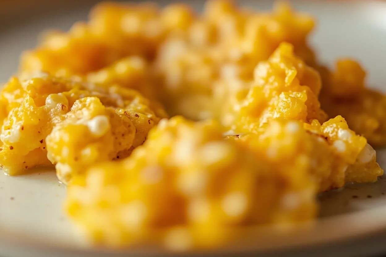 Egg: Soft Scramble vs. Firm Set at Soft scramble: 65–70°C (149–158°F); firm set: 75–80°C (167–176°F). Whole beaten eggs contain a mixture of proteins with distinct denaturation temperatures: conalbumin/ovotransferrin begins setting at ~61°C. Visual cues: Soft scramble: small, distinct curds coated in a glossy, barely-set liquid matrix — eggs run slightly when tilted on the plate, Soft scramble: a sheen of butter is visible between curds; no dry or crumbly patches, Firm set: larger, matte curds that hold their shape and do not weep when the plate is tilted.