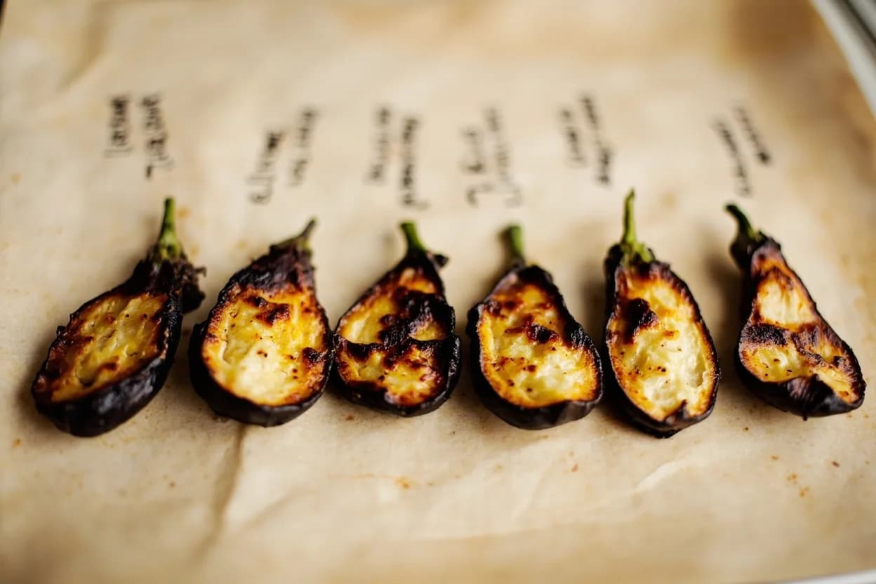 Eggplant: Fully Collapsed & Charred (for Dip) in context — the stages just below and above, side-by-side. Roasting eggplant for dip requires pushing well past ordinary vegetable doneness to a state of total interior collapse. Target reference Skin surface: 400–550°C (750–1020°F) direct flame; interior flesh target: 85–95°C (185–203°F).