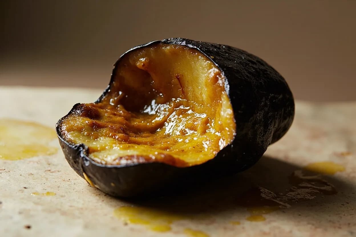 Eggplant: Fully Collapsed & Charred (for Dip) at Skin surface: 400–550°C (750–1020°F) direct flame; interior flesh target: 85–95°C (185–203°F). Direct flame rapidly chars the outer skin through pyrolysis, creating a sealed carbonized shell that traps steam. Visual cues: Skin is entirely matte black and papery — no shiny or soft green/purple patches remaining, Eggplant visibly deflates and collapses inward, sometimes leaning to one side, Audible hissing and sputtering from escaping steam through cracks in charred skin.