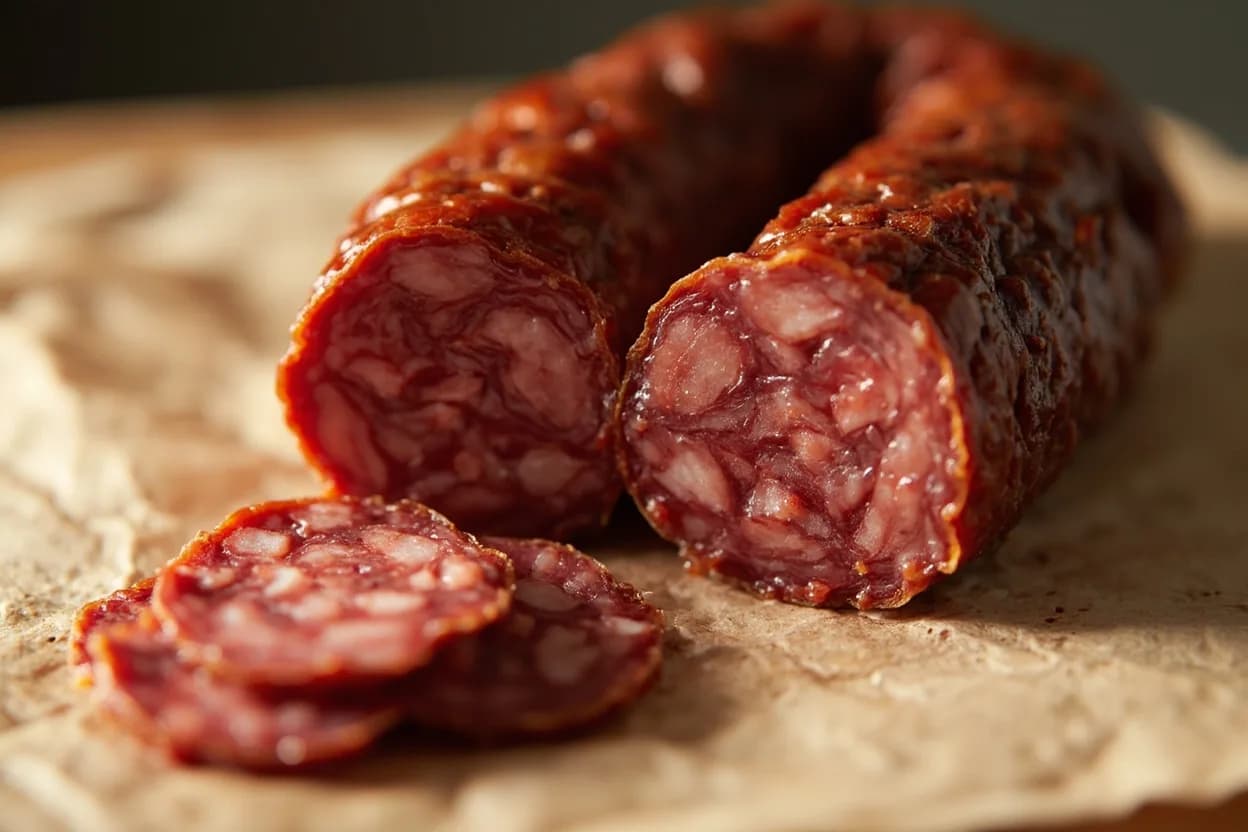 Fermented Sausage pH Target at pH must drop to ≤5.3 within 48–72 hours at fermentation temperature 22–26°C (72–79°F). LAB starter cultures (Lactobacillus sakei, Pediococcus acidilactici) metabolize dextrose or sucrose into lactic acid, dropping pH from a starting 5. Visual cues: At pH 5.3 the sausage smells cleanly tangy — a bright lactic sourness, not putrid or ammoniated, Properly acidified salami feels noticeably firmer after fermentation than when first stuffed; the casing is snug with no slack pockets, Interior color shifts from pink-red to a deeper, more uniform ruby as myoglobin is stabilized by nitrite and acid.
