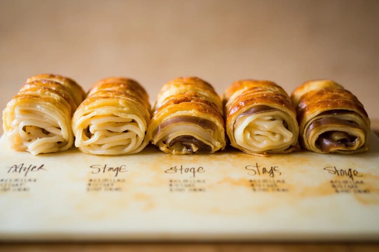 Feuilletage (Croissant Lamination) Rest Temperatures in context — the stages just below and above, side-by-side. Feuilletage — the lamination technique that gives croissants and pains au chocolat their honeycomb crumb and shattering crust — depends on precise temperature management rather than cooking doneness. Target reference 12–14°C (54–57°F) for both dough and butter block during rolling.