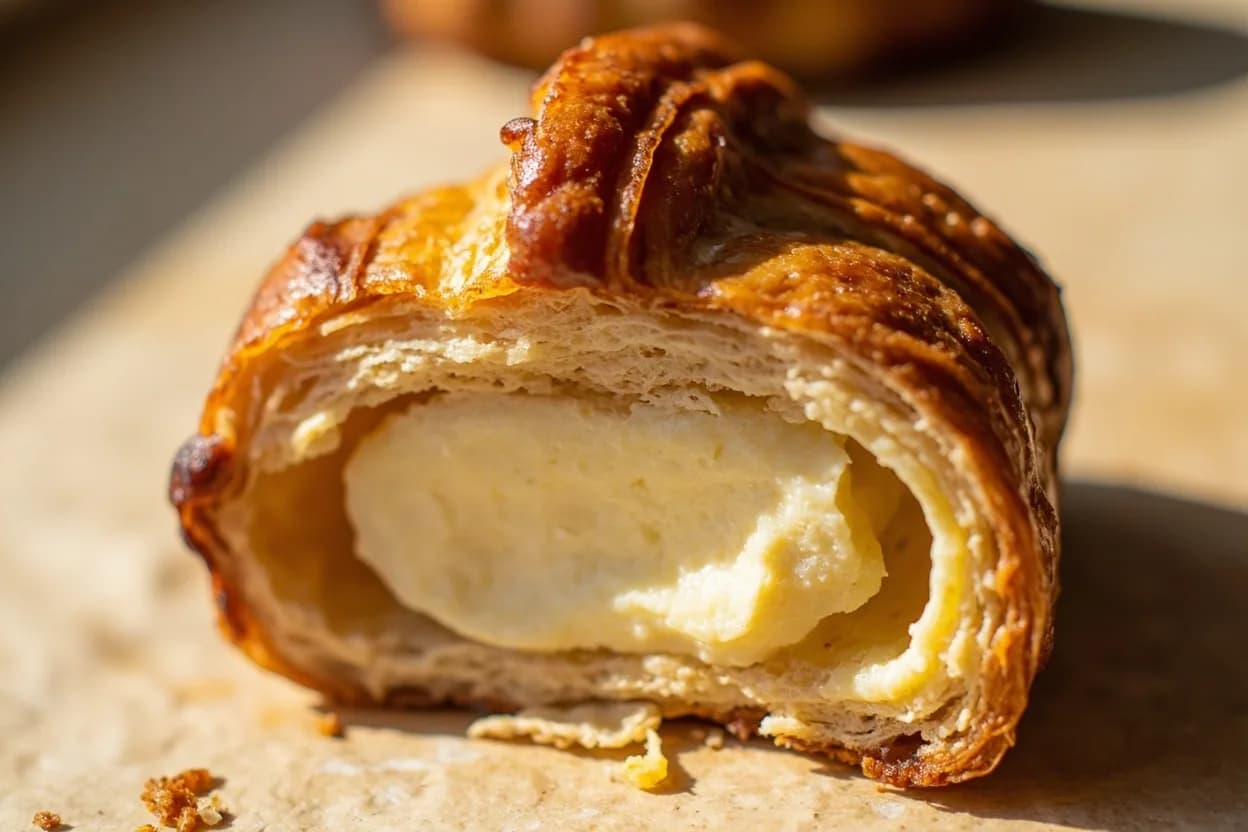 Feuilletage (Croissant Lamination) Rest Temperatures at 12–14°C (54–57°F) for both dough and butter block during rolling. Croissant dough develops 27 distinct butter layers from three double folds (or 4 single folds). Visual cues: Butter block should flex and bend like stiff modeling clay — no cracking, no sticking to fingers, Dough surface should be cold to the touch but yield smoothly under a rolling pin with no tearing, During rolling, butter should remain as a visible, even sheet — no smearing or breakthrough spots.