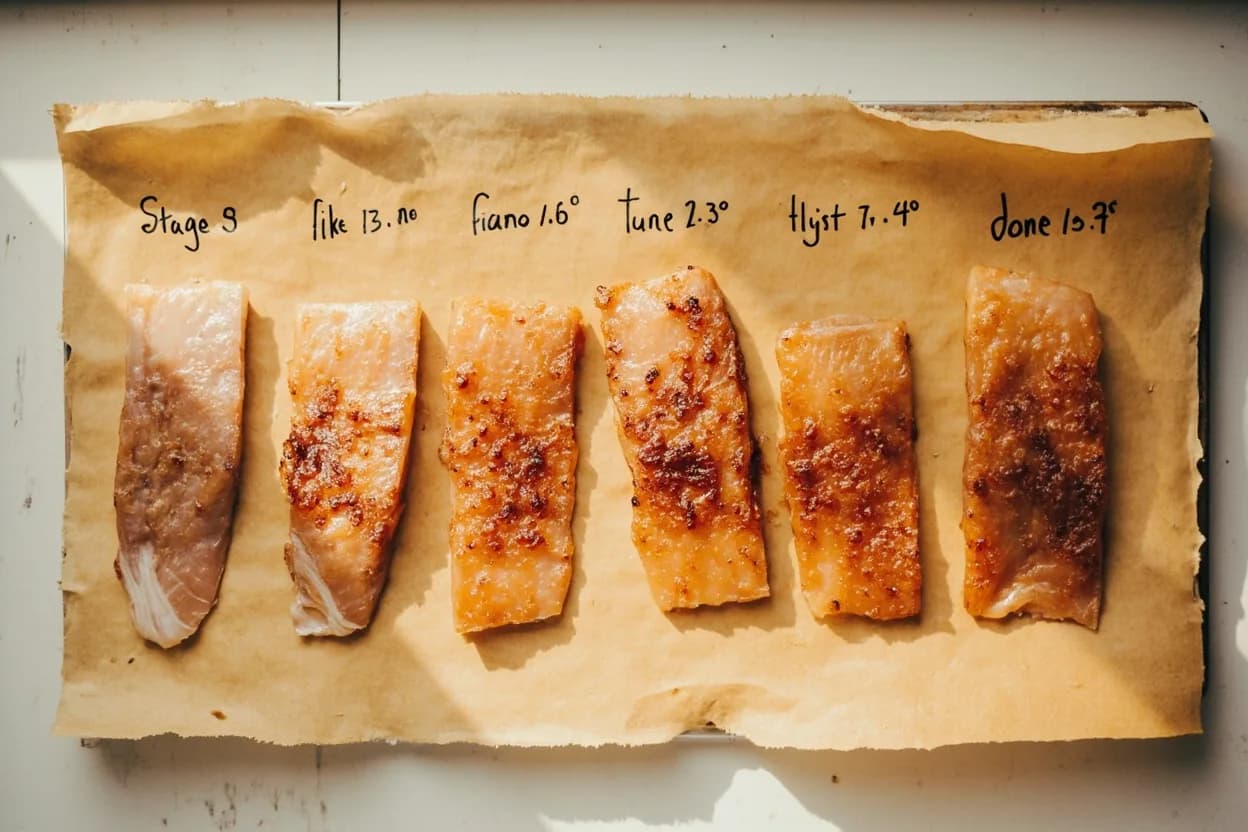Fish: Flake Test (Visual Doneness) in context — the stages just below and above, side-by-side. The flake test is a visual and tactile method for judging fish doneness without a thermometer. Target reference 50–60°C / 122–140°F depending on species and desired texture.