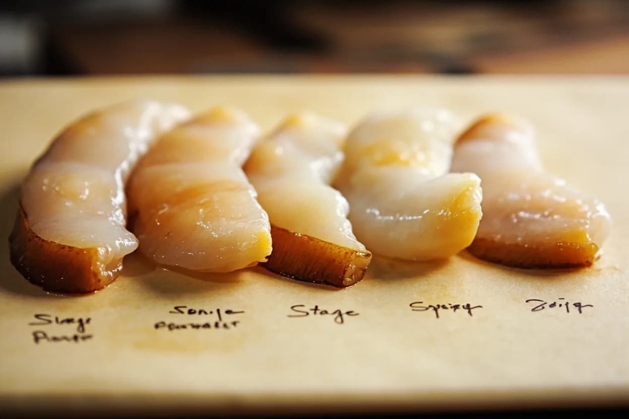 Fish: Translucent-to-Opaque Transition in context — the stages just below and above, side-by-side. Fish flesh transitions from its raw translucent or glassy state to an opaque white (or pale pink for salmon) as internal temperature climbs through 57–63°C (135–145°F). Target reference 60°C / 140°F.