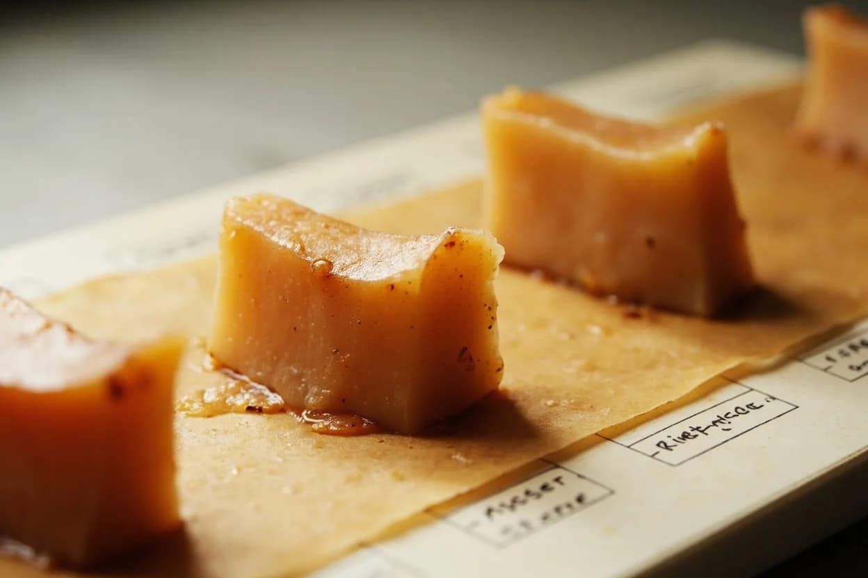 Foie Gras: Just-Set Center in context — the stages just below and above, side-by-side. Foie gras is the fattened liver of duck or goose, composed of approximately 50% fat by weight — a ratio so extreme that temperature management during cooking is entirely different from any other offa… Target reference 54°C / 130°F.