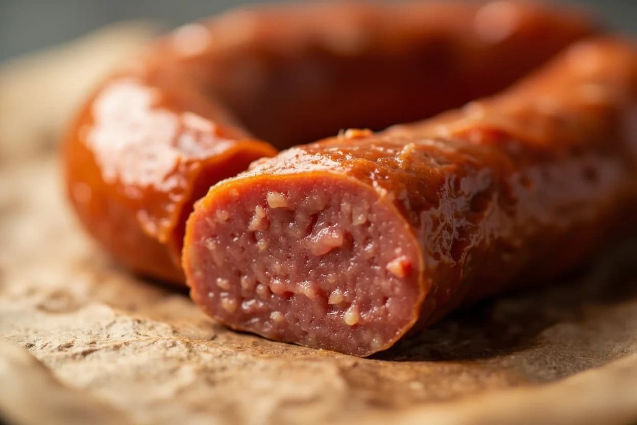 Fresh Sausage Internal Done Temperature at 71°C / 160°F. At 71°C, all protein denaturation in the ground pork filling is complete. Visual cues: No pink or reddish zones at the center of the link when cut crosswise, Juices spurt clear (not pink or bloody) when the casing is pierced with a knife, Natural casing is golden-brown to mahogany, taut, and snaps audibly when bitten.