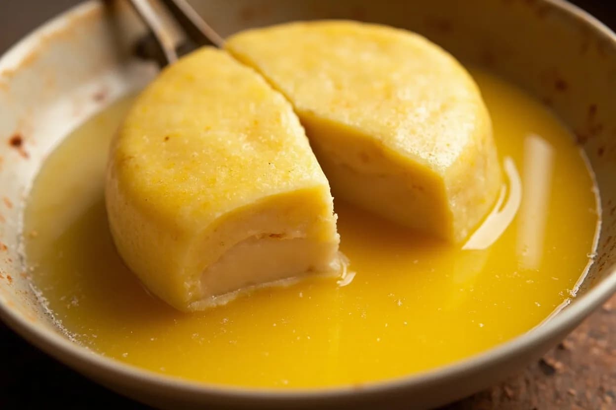 Ghee Clarification Point at 150°C / 302°F. Butter is roughly 80% fat, 16–18% water, and 2–4% milk solids (proteins and lactose). Visual cues: Surface foam subsides and clears completely, Fat turns deep translucent gold — you can see clearly through it to the pan bottom, Milk solids on the bottom appear light golden-brown, not dark.