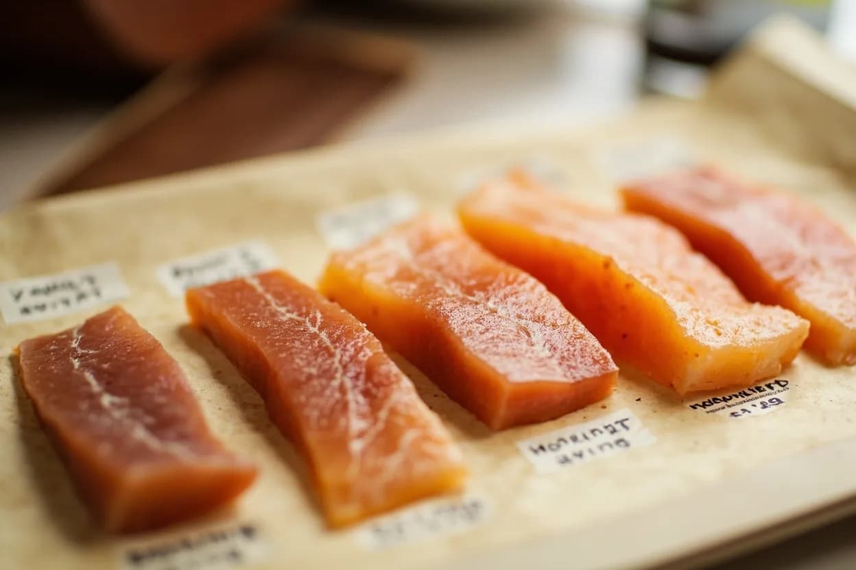 Gravlax Cure Stage (Texture & Color Progression) in context — the stages just below and above, side-by-side. Gravlax (from Swedish 'grav' — grave/pit — and 'lax' — salmon) is cured raw salmon in which a mixture of salt, sugar, and dill draws moisture from the flesh through osmosis, denatures surface protein… Target reference Cured at 2–4°C (35–39°F) refrigerator temperature throughout; ambient curing at room temperature is a traditional method but increases safety risk..
