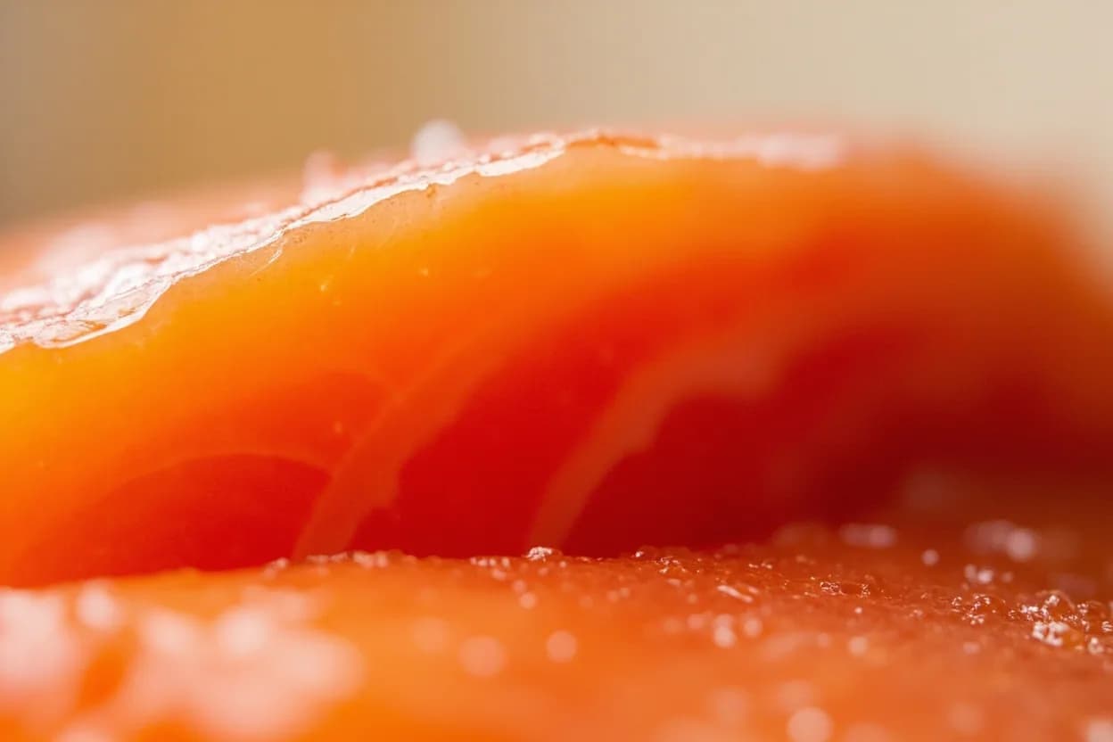 Gravlax Cure Stage (Texture & Color Progression) at Cured at 2–4°C (35–39°F) refrigerator temperature throughout; ambient curing at room temperature is a traditional method but increases safety risk.. Salt draws moisture from the flesh via osmosis, concentrating the remaining proteins and inhibiting bacterial growth. Visual cues: 24 hours: surface feels tacky and slightly firm to the touch; color has deepened from bright coral to a richer orange; about half the expected liquid has been released, 48 hours: flesh resists gentle finger pressure and springs back slowly; color is deep copper-orange; aroma is distinctly of dill, salt, and salmon fat, 72 hours: flesh is quite firm — yields to a sharp knife in clean, glassy slices without tearing; color is deep amber; a concentrated, almost translucent glaze forms at the surface.