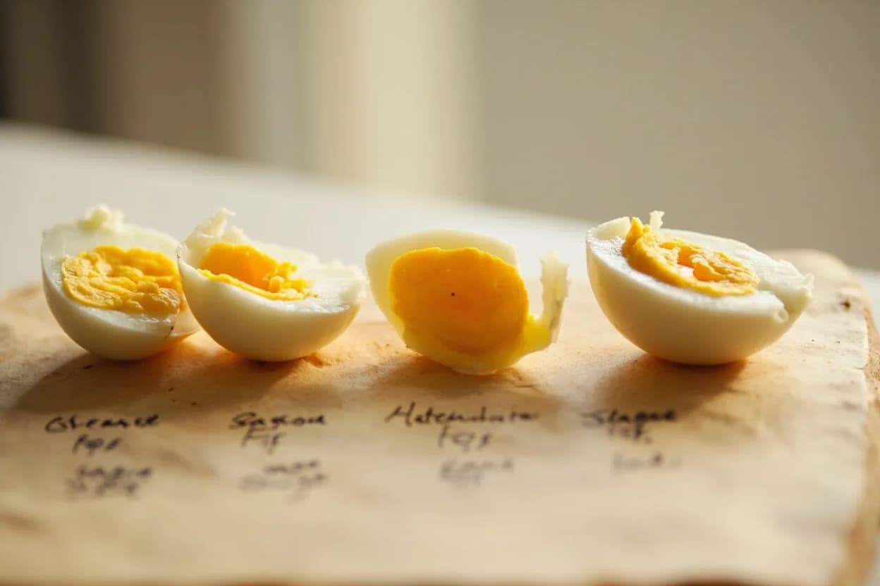 Hard-Boiled Egg: Fully Set in context — the stages just below and above, side-by-side. A hard-boiled egg is cooked until every protein in both the white and yolk has fully denatured and cross-linked into a stable solid gel. Target reference 77°C / 170°F.