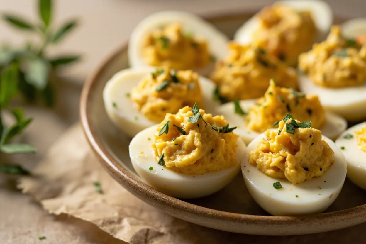 Hard-Boiled Egg: Fully Set in practice — Deviled eggs. The grey-green ferrous sulfide ring is purely a function of excess heat and time — not egg age or freshness.