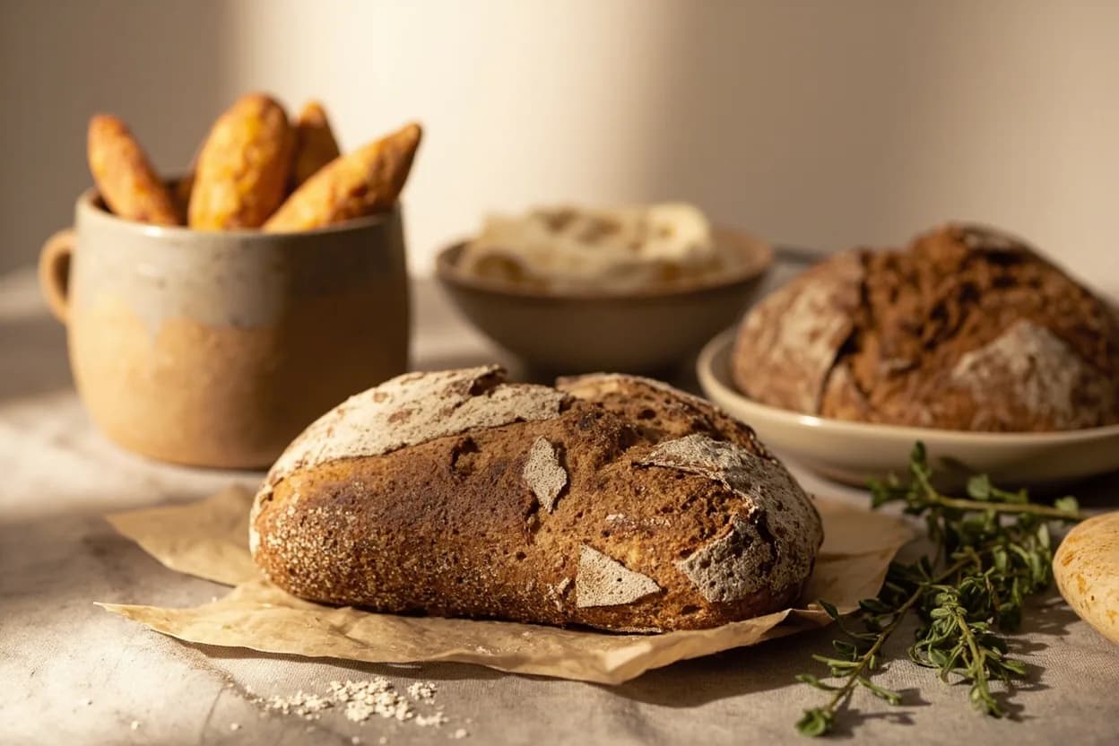 Hollow Knock Test in practice — Rustic sourdough loaves. The acoustic change from dull to hollow occurs because the crumb has transformed from a dense, moisture-laden matrix to an open, set, air-pocketed structure.