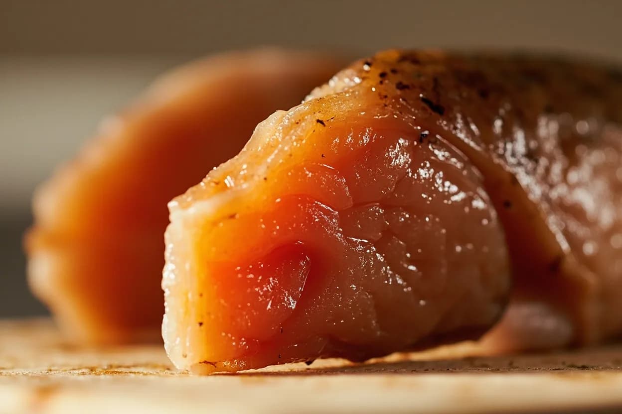 Hot-Smoked Fish Finished Internal Temperature at 63°C / 145°F. As fish temperature rises in the smoker, muscle proteins denature progressively: myosin begins denaturing around 50°C, collagen softens and gelatinizes from 55°C, and actin (the tougher protein) denatures at 65–70°C. Visual cues: Flesh changes from translucent and raw-pink to fully opaque throughout — check the center of the thickest part, Surface develops a lacquered bronze or mahogany pellicle (the dried protein-smoke film that forms on the surface before smoking intensifies), Flesh flakes cleanly along natural myomere separations when pressed lightly with a fork.