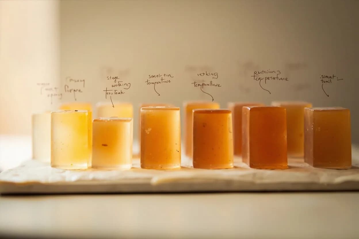 Isomalt Working Temperature in context — the stages just below and above, side-by-side. Isomalt is a sugar alcohol (disaccharide polyol) derived from sucrose by hydrogenation. Target reference Cooked to 155–165°C (311–329°F); working/manipulation temperature 70–80°C (158–176°F).