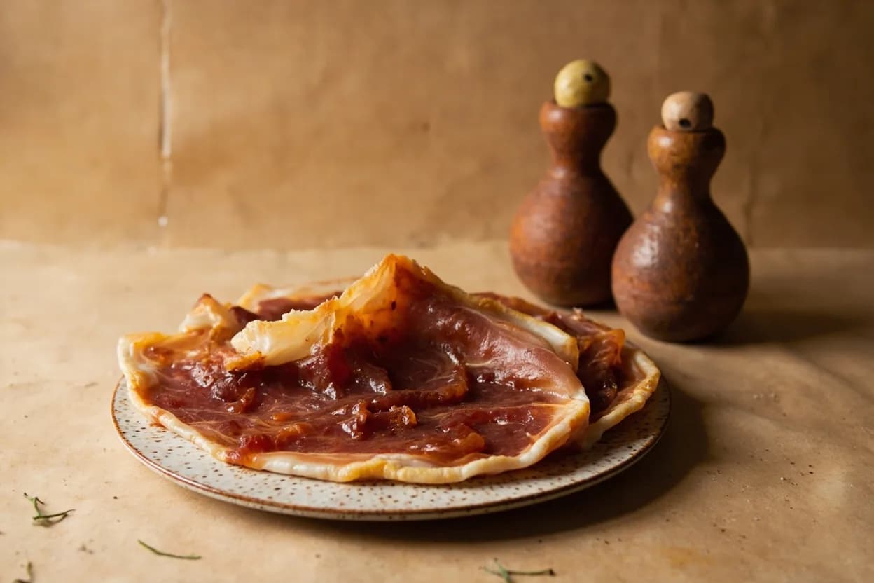 Jamón Curing Stages in practice — Jamón Ibérico de Bellota (acorn-fed Iberian ham). Salting (1–2 days/kg, 0–5°C): hams stacked under salt.
