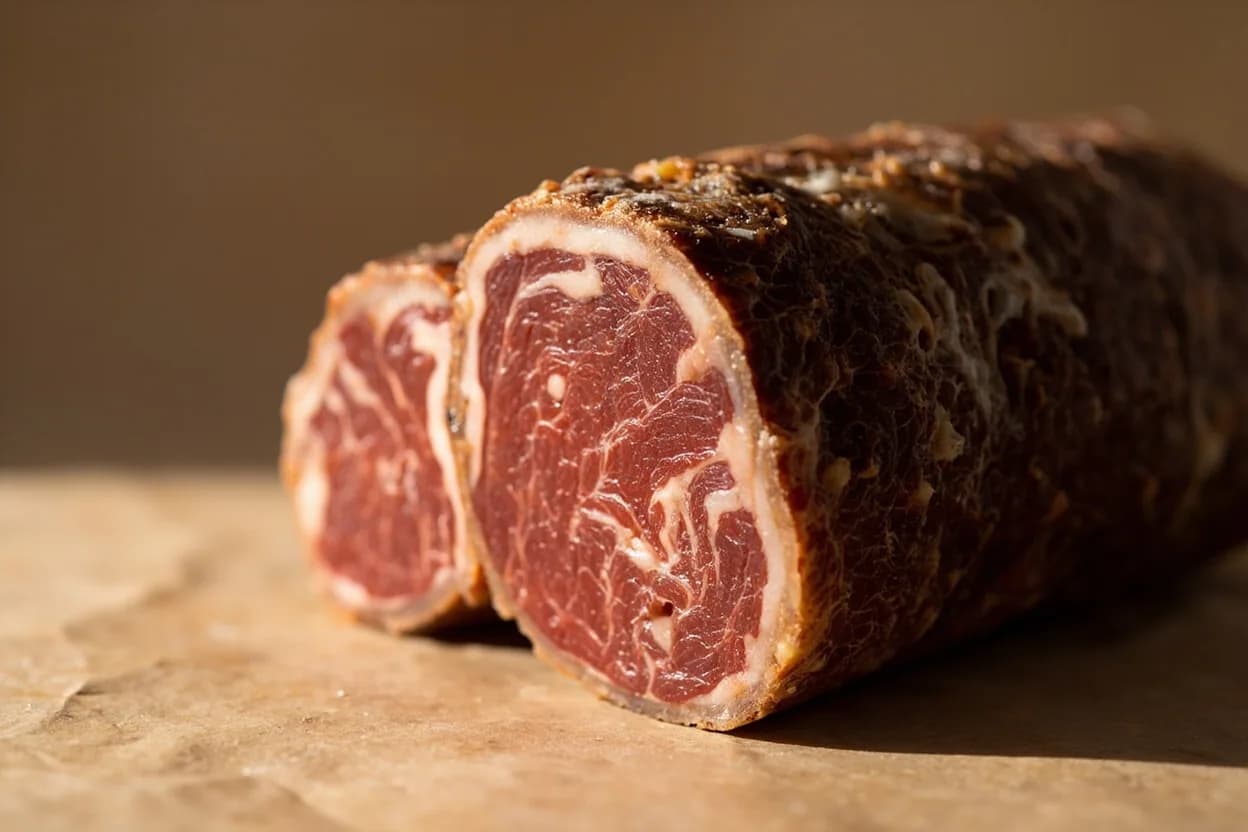 Jamón Curing Stages at Salting: 0–5°C; Post-salting: 3–6°C; Drying/secadero: 6–16°C rising through summer to 26–34°C; Bodega/cellar: 15–20°C year-round. In salting (1–2 days per kilogram of ham weight), sea salt draws moisture from the muscle, reduces Aw, and initiates nitrate reduction via natural curing microflora. Visual cues: End of salting: surface is firm, salt-encrusted, and dark; deep red on probe but interior still bright pink, End of post-salting: salt has evened out; pressing the meaty face reveals no spongy pockets of pure moisture — texture is uniformly dense, Secadero mid-phase (summer peak): exterior is dry and beginning to mottle with white spots of beneficial Penicillium and Aspergillus mold.