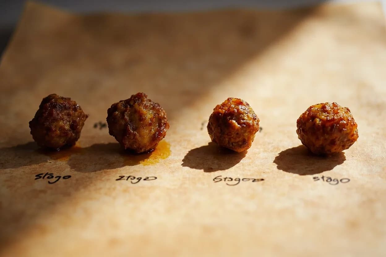 Kofta: Cooked-Through Internal Check in context — the stages just below and above, side-by-side. Kofta are seasoned ground-meat preparations — typically lamb, beef, or a blend — shaped onto skewers or formed into cylinders and grilled over direct heat. Target reference 71°C / 160°F.
