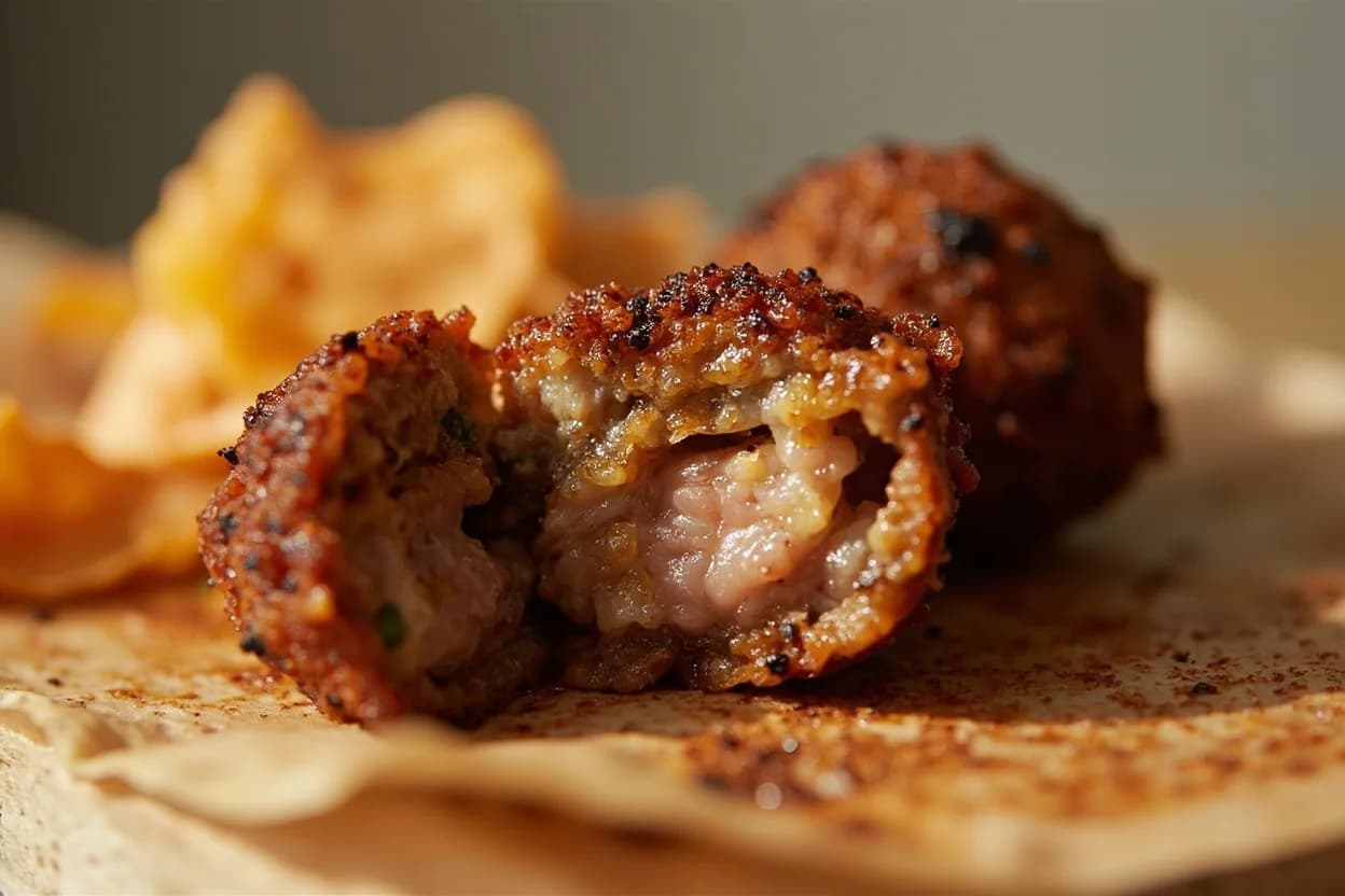 Kofta: Cooked-Through Internal Check at 71°C / 160°F. At 71°C, myosin and actin proteins in the ground meat have fully denatured and the moisture-holding capacity of the muscle fibers drops sharply. Visual cues: No pink or translucent zones visible when skewer is removed and meat is cut crosswise, Juices running clear or faintly golden, not pink or red, Firm but yielding texture when pressed — not squishy (underdone) or dry and crumbling (overdone).