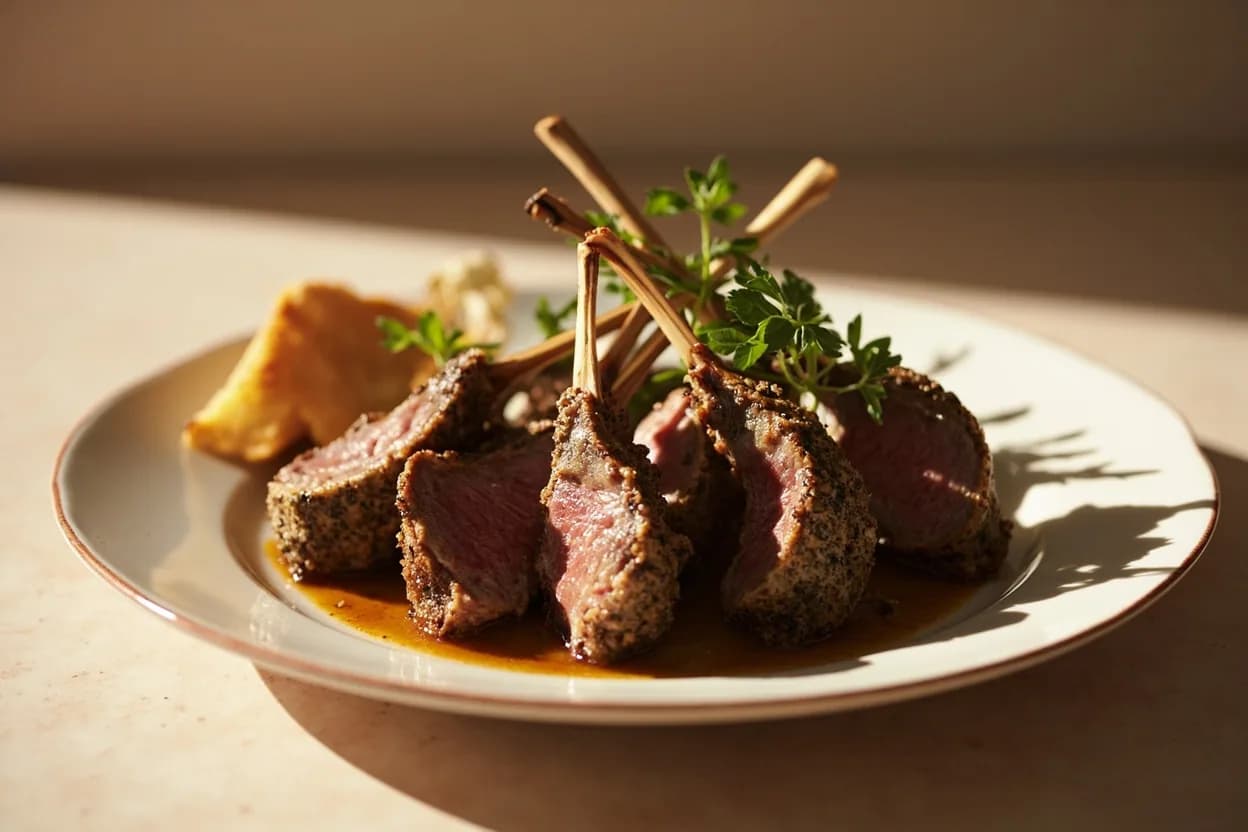 Lamb Chop Doneness Stages in practice — Grilled rack of lamb with herb crust (individual cutlets). A 1 cm French-trimmed rack cutlet and a 3 cm thick loin chop share the same target temperatures but behave like entirely different proteins on the grill.