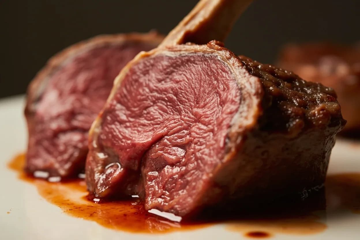 Lamb Chop Doneness Stages at 57–74°C (135–165°F) — moves 5°C every 1–2 minutes on a hot grill. At 57°C (135°F): myosin has denatured. Visual cues: Rare (57°C): soft, yielding spring-back under finger; interior bright red-pink; juices pool red on the plate, Medium-rare (60–63°C): firm but with spring; interior vivid rosy pink all the way to the bone; small bead of juice at the cut surface; fat in the eye is silky, Medium (65–68°C): pale blush at centre; juices run clear-pink at the cut; firmer but still giving.