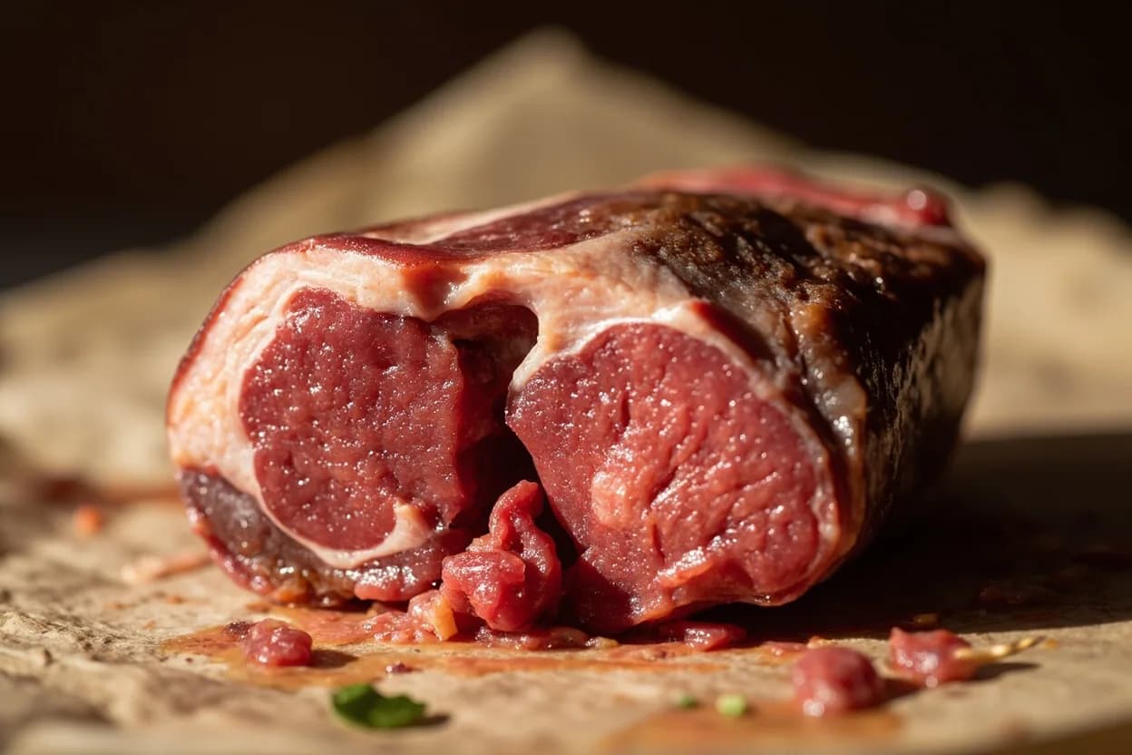Lamb: Doneness Stages at 57–74°C (135–165°F) across rare to well-done. At 57°C (135°F): myosin denatures, texture firms slightly from raw, but actin remains largely intact — the meat is still tender and visually bright pink-red. Visual cues: Rare (57°C): bright red-pink throughout; very soft, near-raw give under finger pressure; juices run deep red, Medium-rare (60–63°C): vivid rosy pink, especially at the centre; warm throughout; juices run pink-red; springy but yielding, Medium (65–68°C): pale pink centre transitioning to light brown at edges; juices run clear-pink; firmer spring-back.