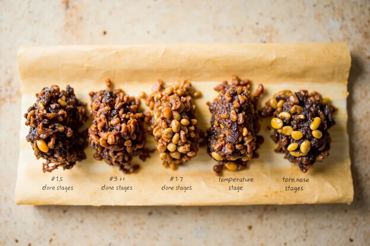 Lentil Doneness Stages in context — the stages just below and above, side-by-side. Lentils (Lens culinaris) are small, flat legumes that cook faster than any other dried pulse because they require no soaking and lack the tough seed coat of chickpeas or kidney beans. Target reference Simmered at 95–100°C (203–212°F); Stage 1 (al dente) ~12–15 min; Stage 2 (collapsed) ~20–30 min; split red lentils reach Stage 2 in 8–12 min.