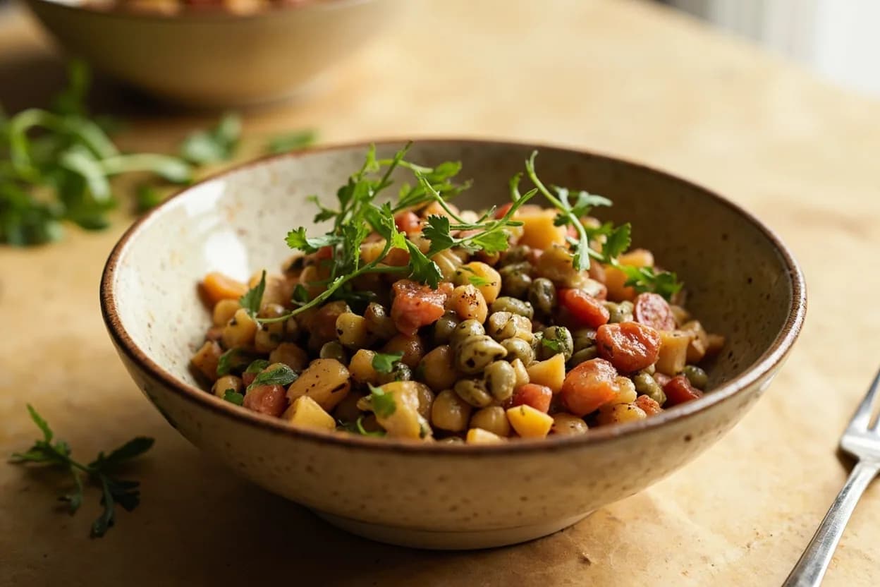 Lentil Doneness Stages in practice — French Lentil Salad with Dijon Vinaigrette. Adding acidic ingredients — tomatoes, tamarind, wine, vinegar — before lentils reach Stage 1 will lock them in a firmer state by reinforcing the pectin matrix.