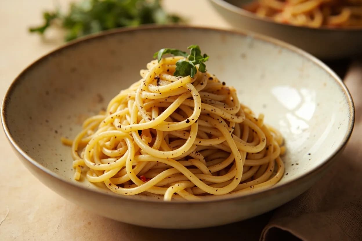 Pasta Al Dente in practice — Spaghetti cacio e pepe. Al dente is not a fixed time — it varies enormously by pasta shape, thickness, and whether the pasta is fresh or dried.