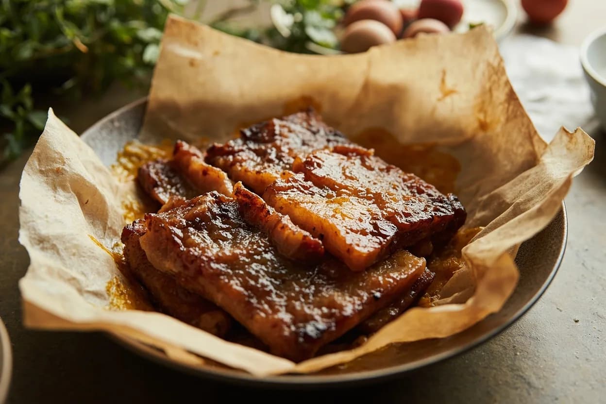 Pork Belly: Rendering & Collagen Yield Stage in practice — Chinese siu yuk (crispy roast pork belly). Many Chinese and Filipino crackling protocols separate the two thermal goals explicitly: first a low oven (150°C / 300°F) for 1.