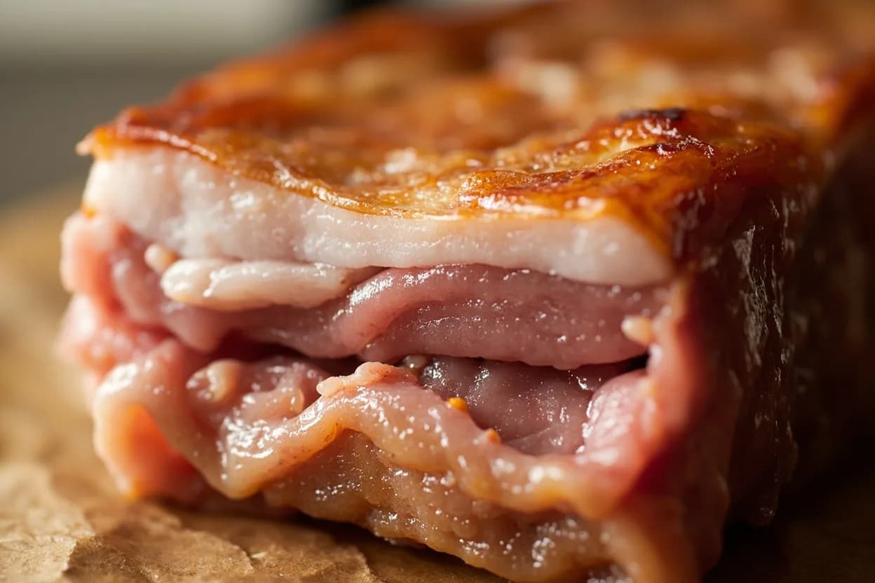 Pork Belly: Rendering & Collagen Yield Stage at Braise/slow: 71–82°C (160–180°F) internal sustained; Crackling skin surface: 160–200°C (320–390°F). At 71–82°C internal: subcutaneous collagen (abundant in belly skin) begins hydrolyzing into gelatin. Visual cues: Braised belly: a skewer meets almost no resistance pushing through all three layers; the fat layer jiggles like soft set gelatin, Braised belly: the meat layers separate cleanly along fat seams when pressed with a spatula, Crackling: skin surface is uniformly blistered — a continuous field of tiny bubbles, not smooth patches alternating with raw skin.