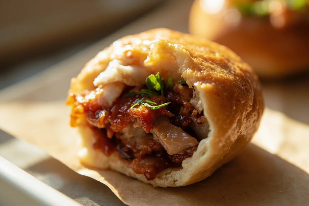 Pork Char Siu Internal Temperature & Caramelization in practice — Char siu bao (steamed or baked BBQ pork bun). Traditional Cantonese char siu uses pork neck (梅頭, méitóu) or shoulder butt for their intramuscular fat, which keeps the meat moist at 71–77°C.