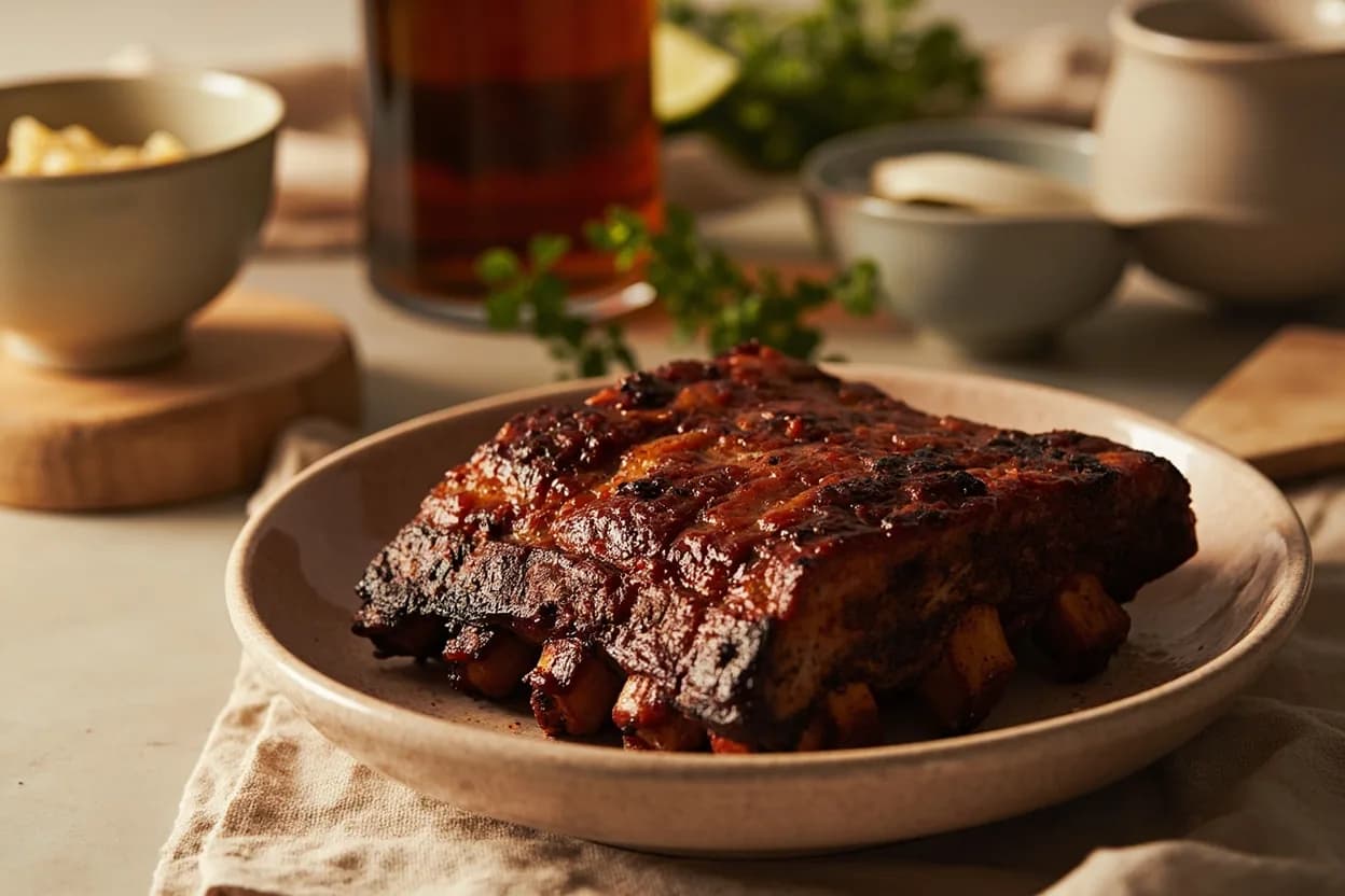 Pork Ribs: Probe-Tender & Bend Test in practice — Kansas City-style BBQ spare ribs. Competition and backyard pitmasters commonly cite 'bone pull-back of ¼ inch' as the primary doneness indicator.