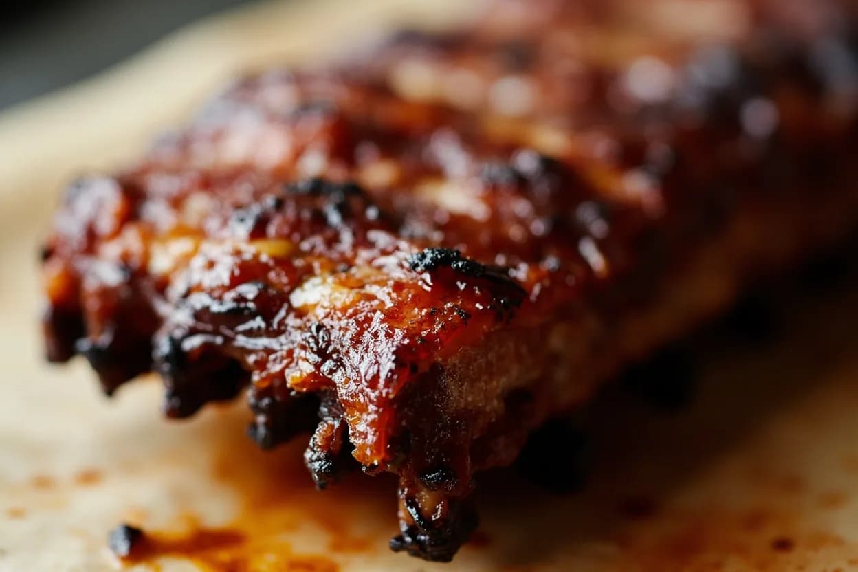 Pork Ribs: Probe-Tender & Bend Test at 90–95°C / 195–203°F (probe-tender zone). Between 70–90°C, collagen in the intercostal muscle and silverskin begins hydrolyzing into gelatin at an accelerating rate. Visual cues: Probe (thermometer spike, cake tester, or bamboo skewer) slides through the meat between two bones with zero resistance — 'like warm butter', Rack bends sharply (45–90 degrees) when lifted from one end with tongs, and the surface shows hairline cracks in the bark, Bone ends protrude 6–12mm from the meat — the 'pull-back' indicator (note: some pitmasters over-rely on this; it can appear before the meat is probe-tender on thick spare ribs).
