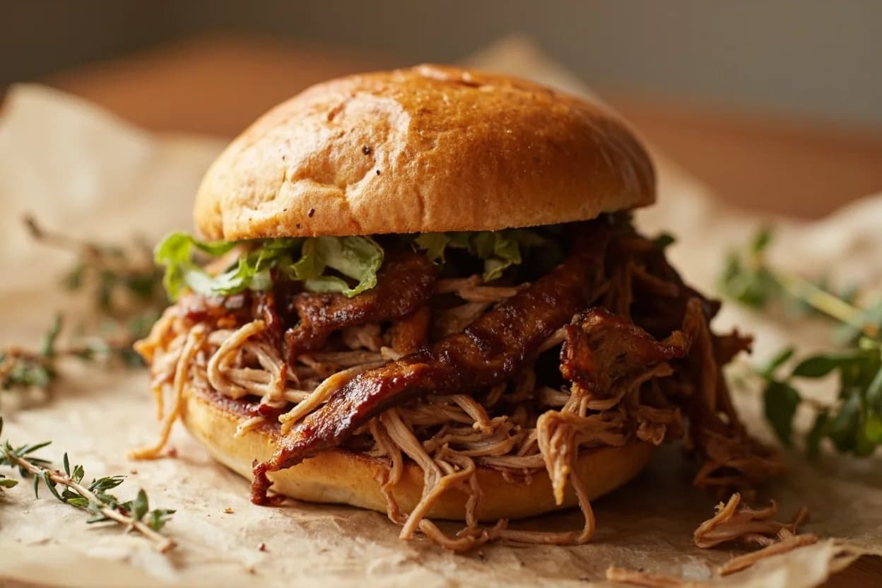 Pork Shoulder: Pulled Pork Shred-Ready Temperature in practice — American BBQ pulled pork sandwich. Many pitmasters settle on 203°F as the ideal pull temperature — borrowed from brisket protocol.