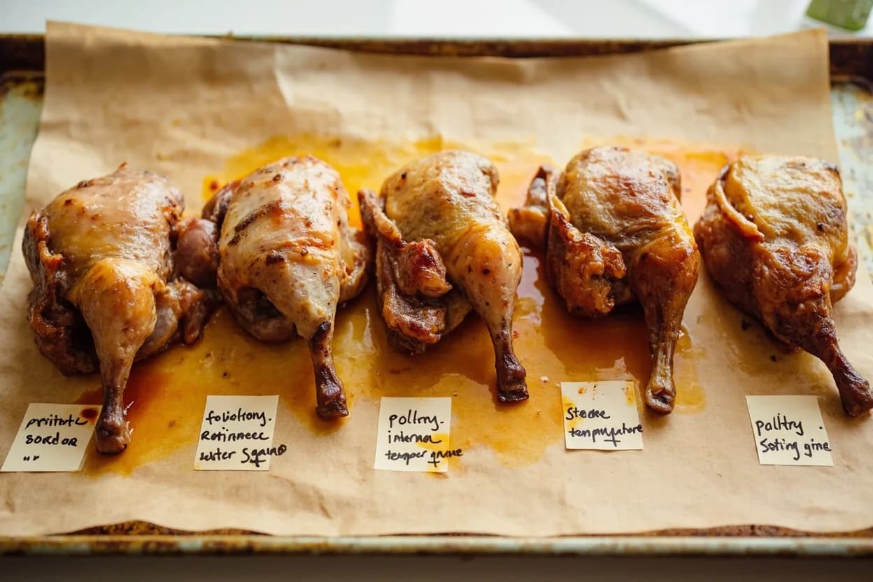 Poultry: Safe Internal Temperature in context — the stages just below and above, side-by-side. The USDA-established safe internal temperature for all poultry is 74°C (165°F), measured at the thickest point of the meat not touching bone. Target reference 74°C / 165°F.