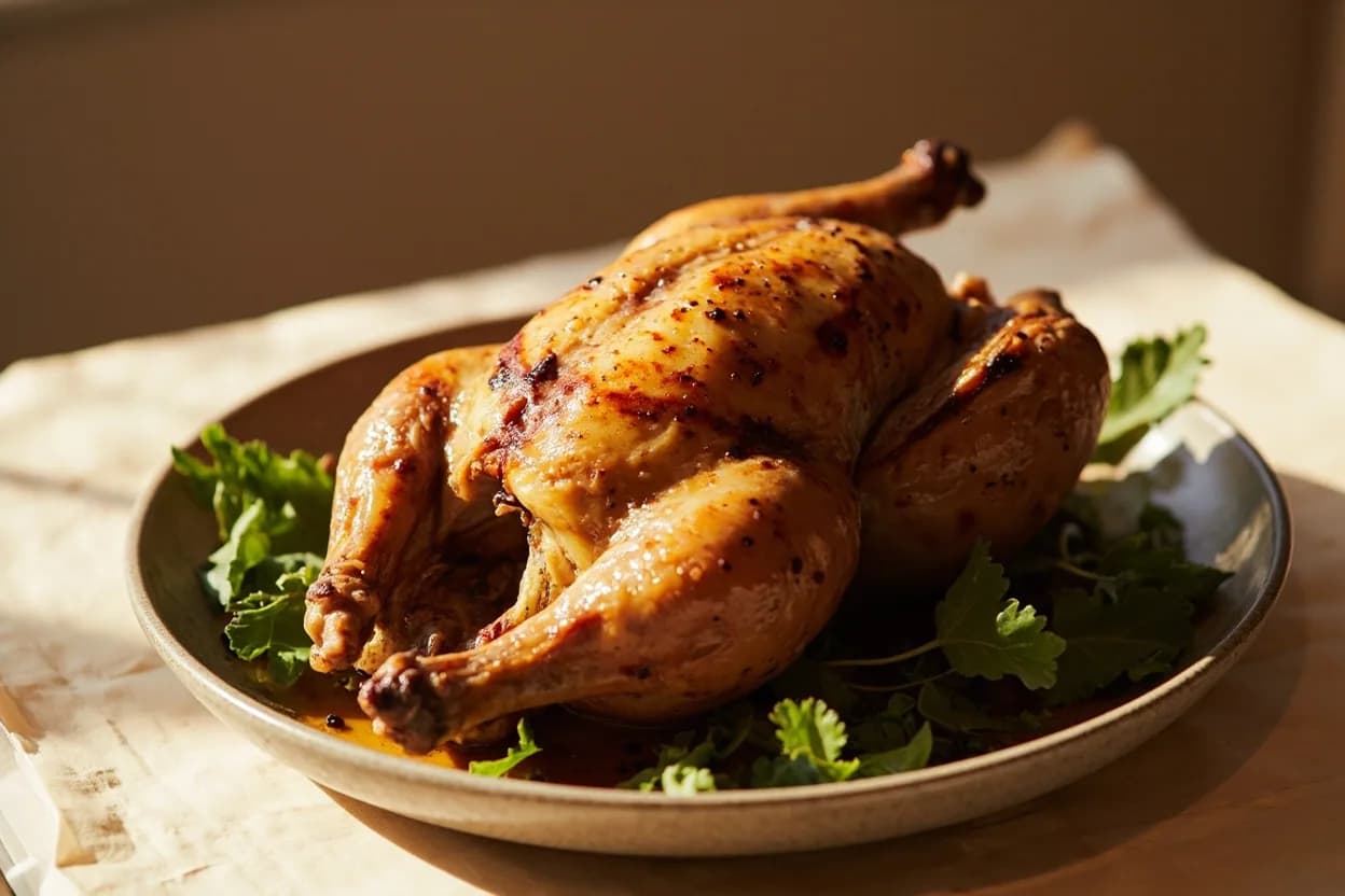 Poultry: Safe Internal Temperature in practice — Roast chicken. Young commercially raised chickens often exhibit a distinctly pink band of color around the bones even when the meat has reached and exceeded 74°C.