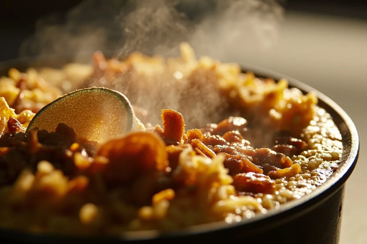 Rice Tahdig Set Point at Crust contact surface ~150–160°C (300–320°F); steam column ~100°C (212°F). Starch gelatinization in the parboiled grains is complete during the initial boil. Visual cues: A steady, gentle sizzle at the base of the pot — not aggressive crackling, Toasted rice and nutty, slightly caramelized aroma drifting from under the lid, Steam escaping only around the lid edges, not billowing forcefully.