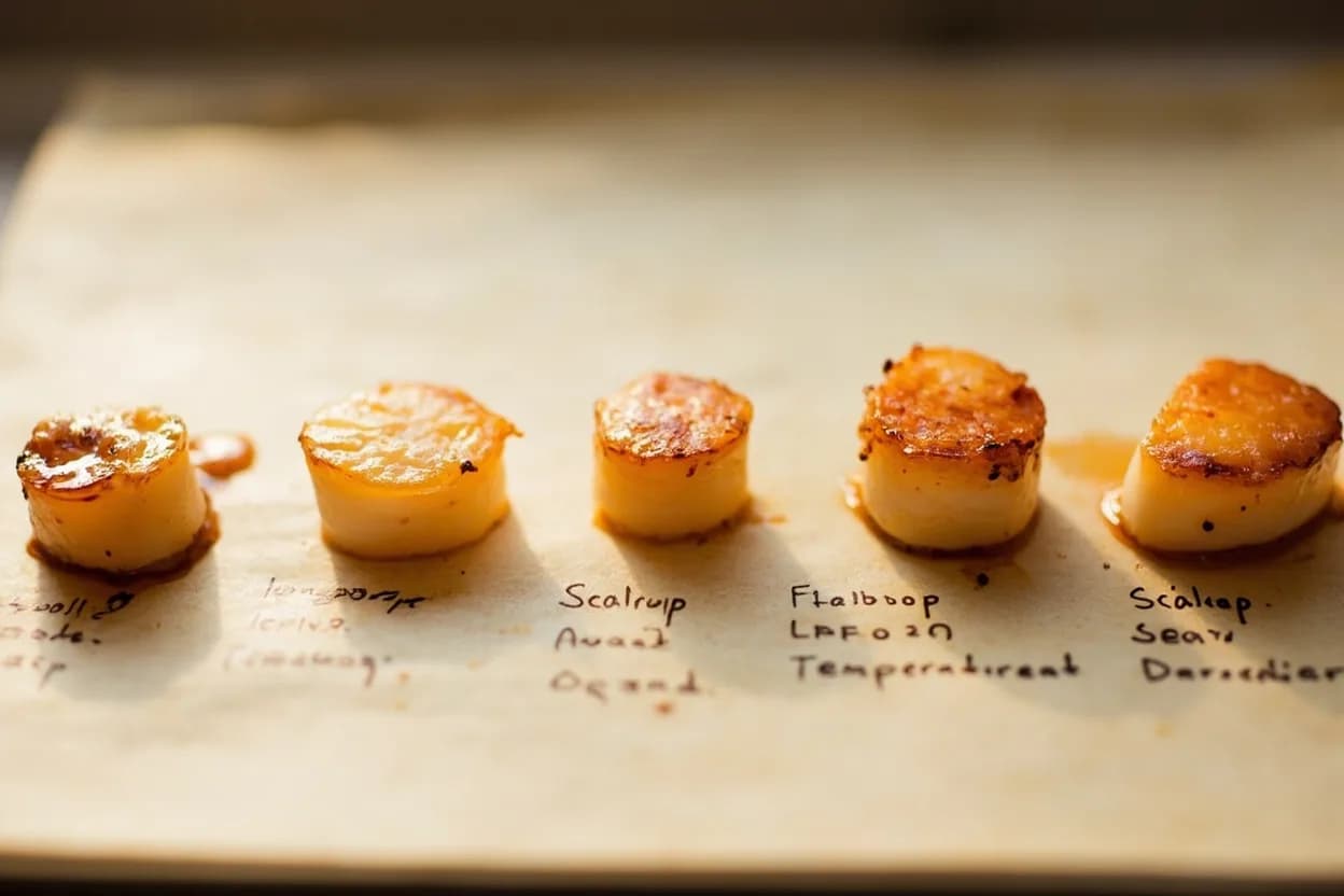 Scallop: Sear Doneness (Translucent Core) in context — the stages just below and above, side-by-side. Sea scallops are among the most demanding proteins to cook properly because the margin between ideal (warm, barely set, silky) and ruined (tough, chewy, bouncy) is a matter of 10–15°C and less than a… Target reference 49–54°C / 120–130°F for an ideal translucent-center sear.