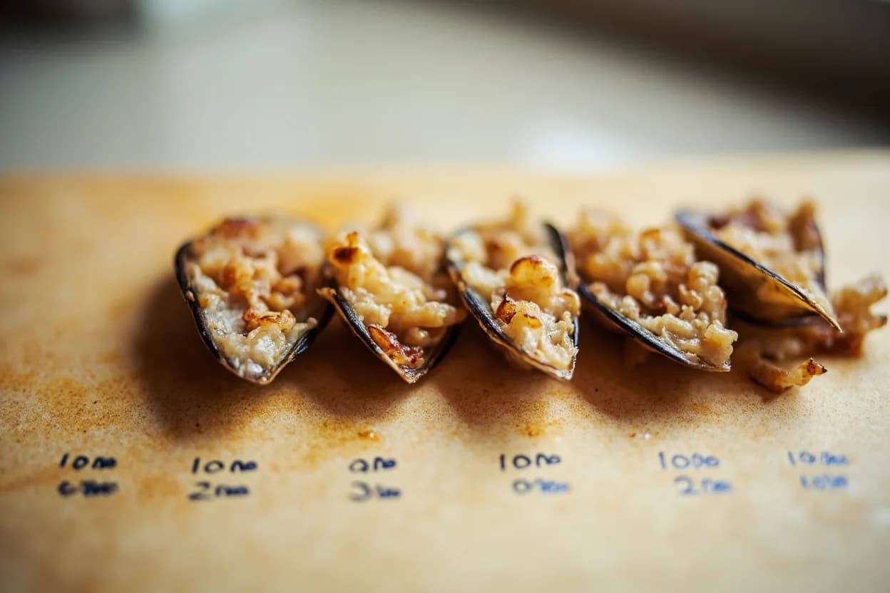 Shellfish: Mussel & Clam Shell-Opening Point in context — the stages just below and above, side-by-side. Mussels and clams are held shut by one or two powerful adductor muscles composed of heat-sensitive proteins. Target reference 63–70°C (145–158°F).