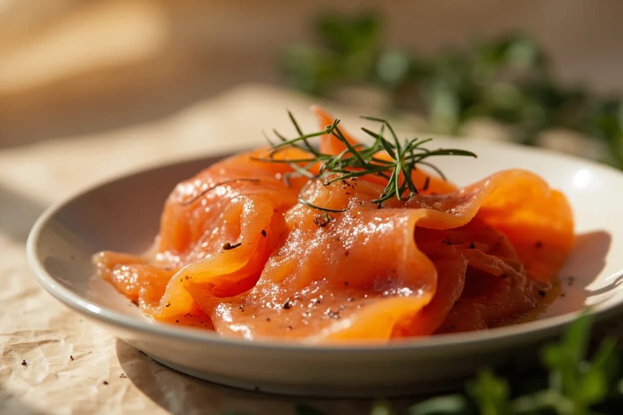 Smoke Temperatures: Cold vs. Hot Smoking in practice — Cold-smoked salmon (lox, gravlax variation). Before hot smoking, cured meat must air-dry until the surface is tacky — the pellicle.