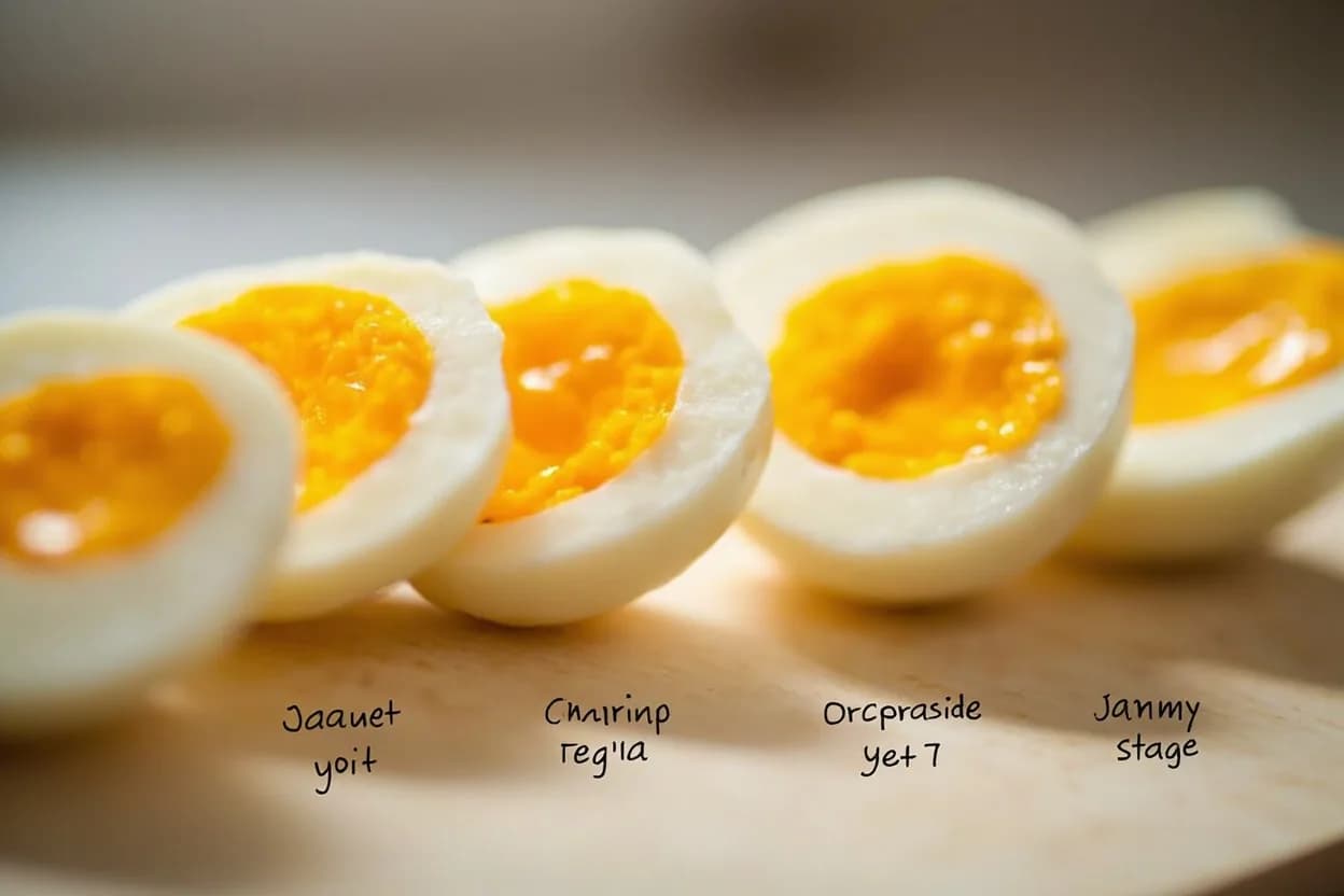 Soft-Boiled Egg Yolk: Jammy Stage in context — the stages just below and above, side-by-side. The jammy stage describes an egg yolk that has partially coagulated into a viscous, spreadable consistency resembling thick jam or soft caramel. Target reference 63°C / 145°F.