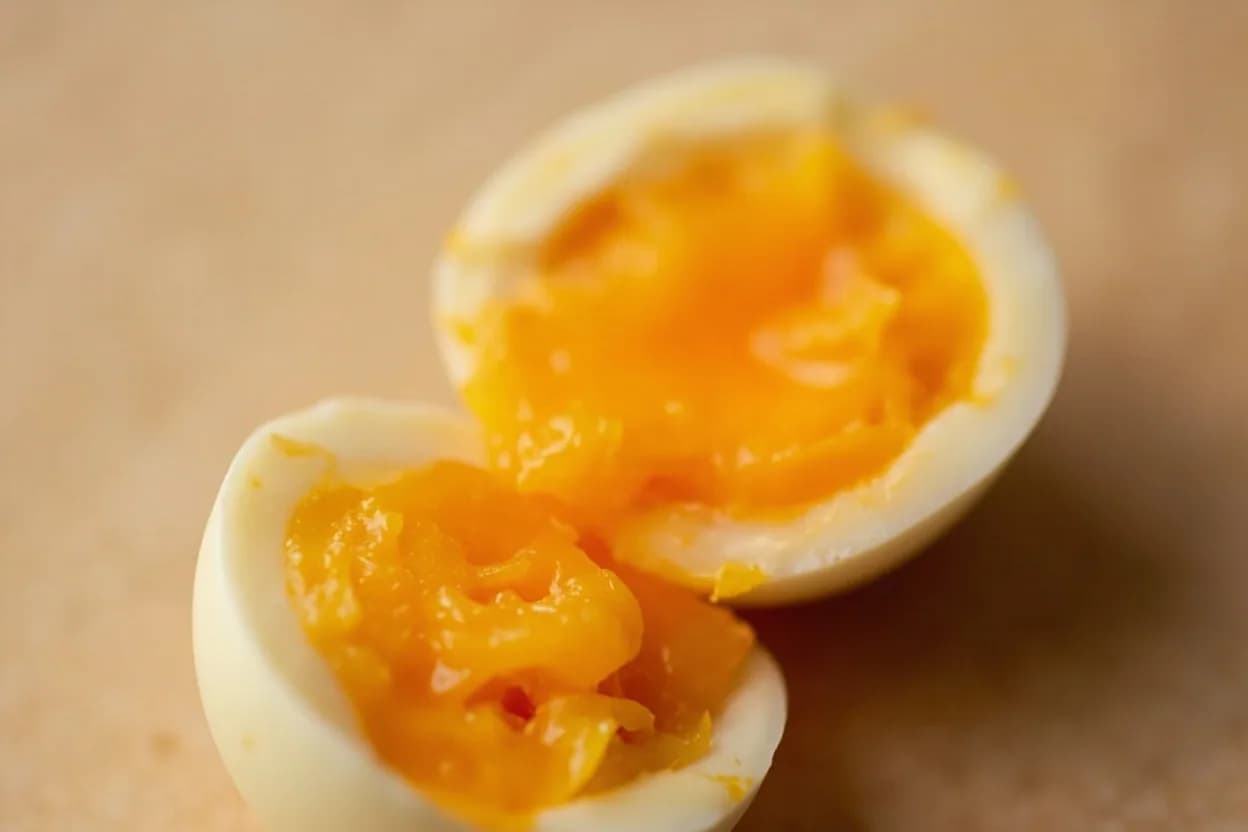 Soft-Boiled Egg Yolk: Jammy Stage at 63°C / 145°F. At 63°C, low-density lipoprotein complexes in the yolk begin to partially denature, increasing viscosity without triggering full gel formation. Visual cues: Yolk is deep orange-gold, visually dense, and slightly domed when the egg is halved, Yolk holds its shape when cut but sags and smears when pressed — not runny, not crumbly, No translucent or liquid centre visible at the cut face.