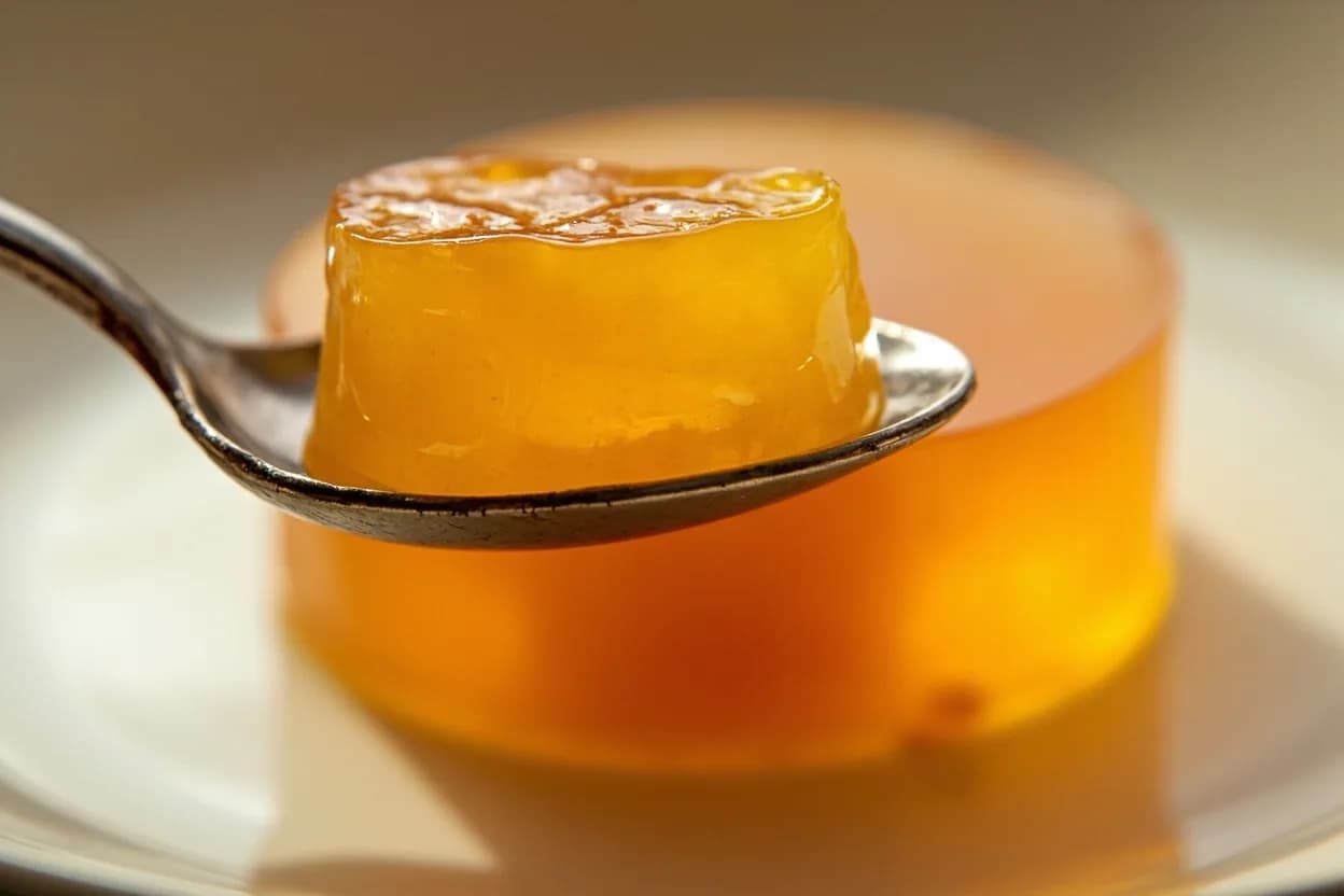 Stock Gelatin Set Test at Stock chilled below 15°C (59°F) to trigger gel set; optimal test at 4–8°C (39–46°F). During stock-making, prolonged simmering (4–8 hours for chicken and veal, 8–12 hours for beef) extracts collagen from connective tissue — cartilage, tendons, skin, and marrow bones. Visual cues: Chilled spoonful on a cold plate sets to a clear, quivering gel that peels away from the plate — good gel, Lifted between fingers, the gel feels tacky and slightly elastic — a sign of sufficient gelatin, A light finger-press leaves an indent that slowly springs back — medium gel, suitable for sauces.