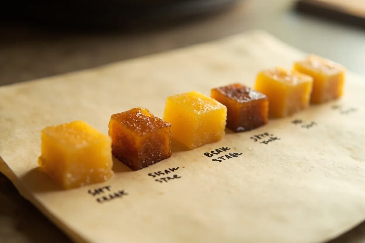 Sugar: Soft Crack Stage in context — the stages just below and above, side-by-side. The soft crack stage spans 132–143°C (270–290°F), where the sugar syrup has become so concentrated (roughly 5–8% residual water) that threads pulled from cold water are pliable and bend without fract… Target reference 132–143°C (270–290°F).