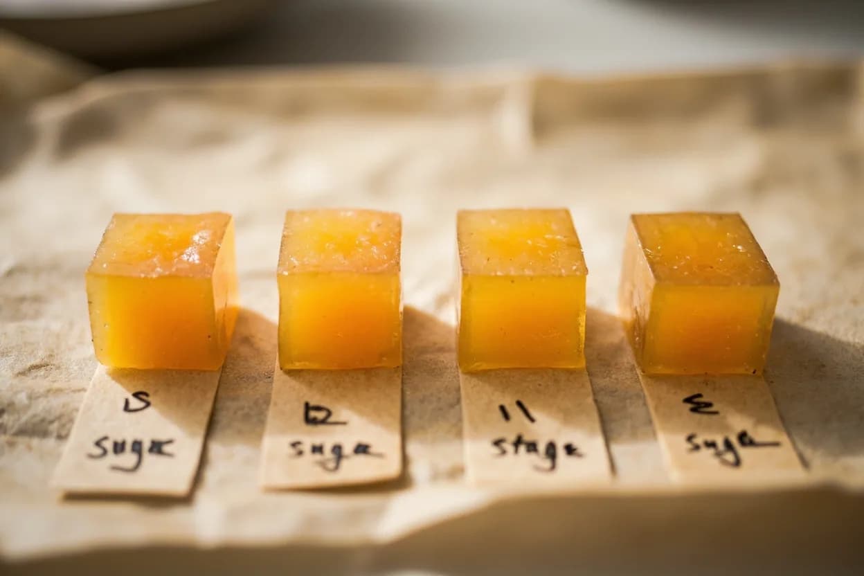 Sugar: Thread Stage in context — the stages just below and above, side-by-side. The thread stage is the first identifiable candy benchmark on the sugar thermometer, reached when a boiling syrup of water and sucrose hits approximately 107–113°C (225–235°F), with the classic threa… Target reference 110°C / 230°F.